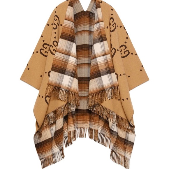 Gucci Jackets & Blazers - Gucci Camel Brown Logo Fringe Plaid Wool Cape Poncho